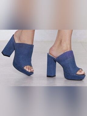 Denim Blue Open-Toe Platform Mule Heels